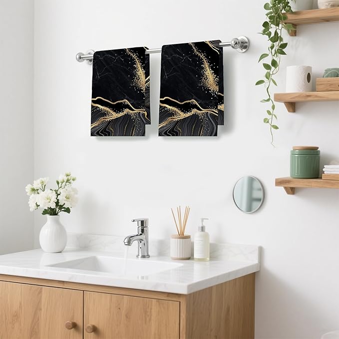 Gold Black Marble Hand Towels,Set of 2 Absorbent Bath Towel Kitchen Dish Towel Home Gym Hotel Bathroom Decor,16x24 Inches
