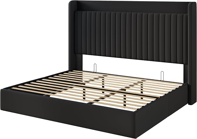 SHA CERLIN King Size Lift Up Storage Bed Frame, Charging Station, Black | Storage Headboard with Charging Station, USB, Type-C Port Velvet Hydraulic Storage Bed No Box Spring Needed Noise Free