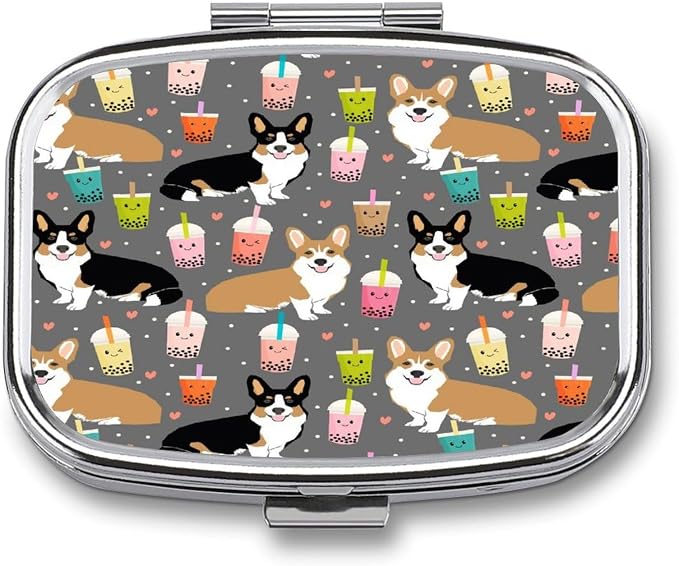 2 Compartment Square Pill Box Portable Metal Travel Pill Organizer | Cute Corgi Pet Pill Case to Hold Vitamins, Medication, Fish Oil and Supplements, Ideal for Purse & Pocket