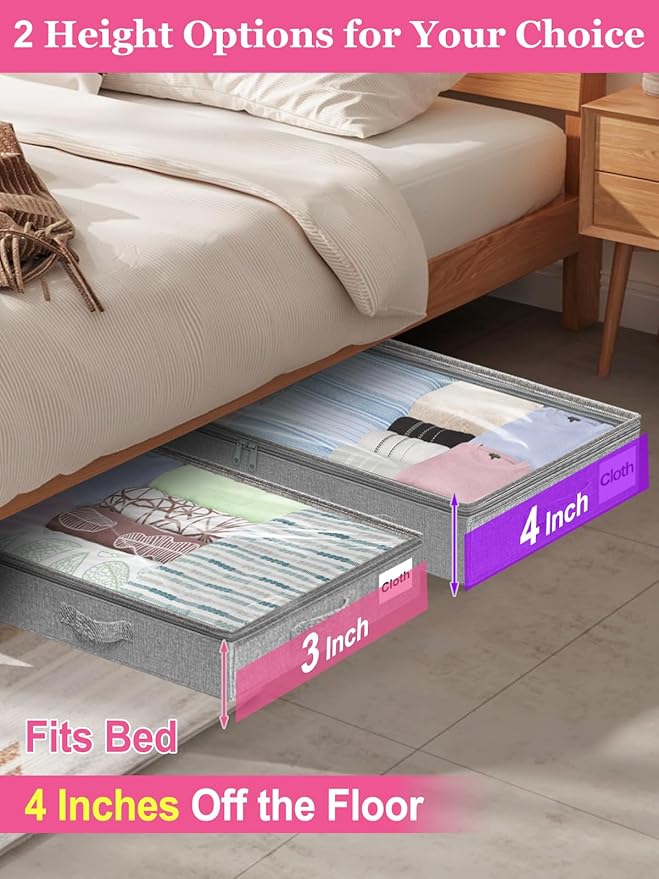 3-in Low Profile Under Bed Storage, No Structure, 2-Pack, Gray | 3" Ultra-Slim, Clear Lid, Reinfoced Handles & Smooth Zips, Dustproof & Waterproof, for Low Bed, Couch, Crib Storage