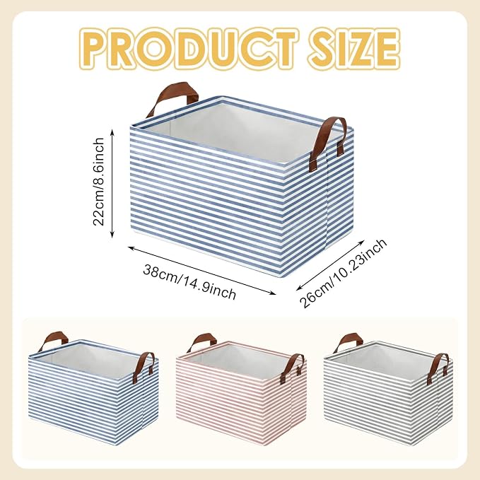Britimes Pink Blue Storage Baskets for Gifts, Toy Storage Bins Box, 3 Pcs | Pink Blue Striped Canvas Collapsible Baskets Organizer with Handles Nursery Decor Laundry Basket for Shelves Closet