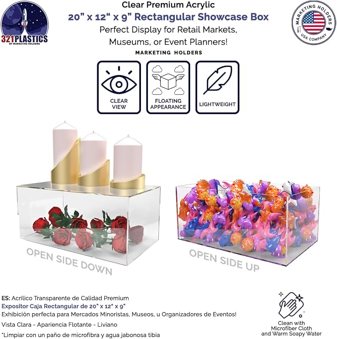 20" x 12" x 9" Clear Acrylic Display Box with One Open Side No Lid Versatile Rectangular One Piece Retail Product Riser or Merchandise Storage Bin by Marketing Holders