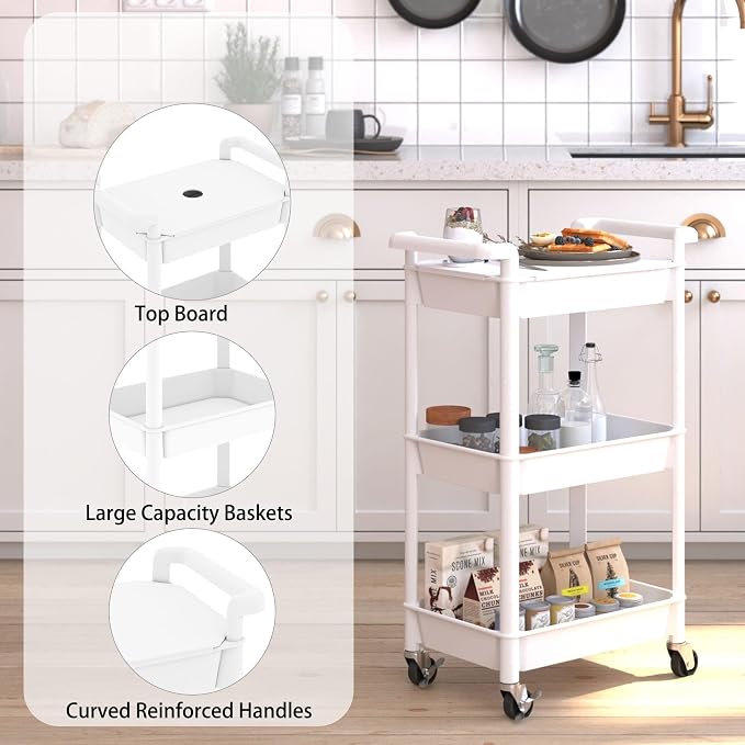 Steehoom 3-Tier Utility Rolling Cart with Cover Top Board, Mobile Utility Cart with Lockable Casters Multi-Functional Storage Trolley for Office, Bathroom, Kitchen, Garden, Laundry Room (White)