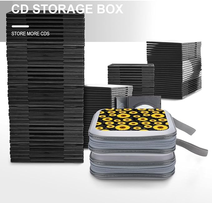 Portable 40-Disc CD Storage Binder Floral Sunflower Black, Hard Case Wallet with Handle, Protective Organizer for Movies Music Travel