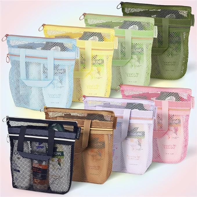 Mesh Shower Bag 10.2x9.9'' Quick-Dry Caddy with Zipper & 2 Pockets. Portable Toiletry Tote for Bathroom, Gym, Travel, Camp, Beach, for Sunscreen, Dorm & College Essentials (Black)