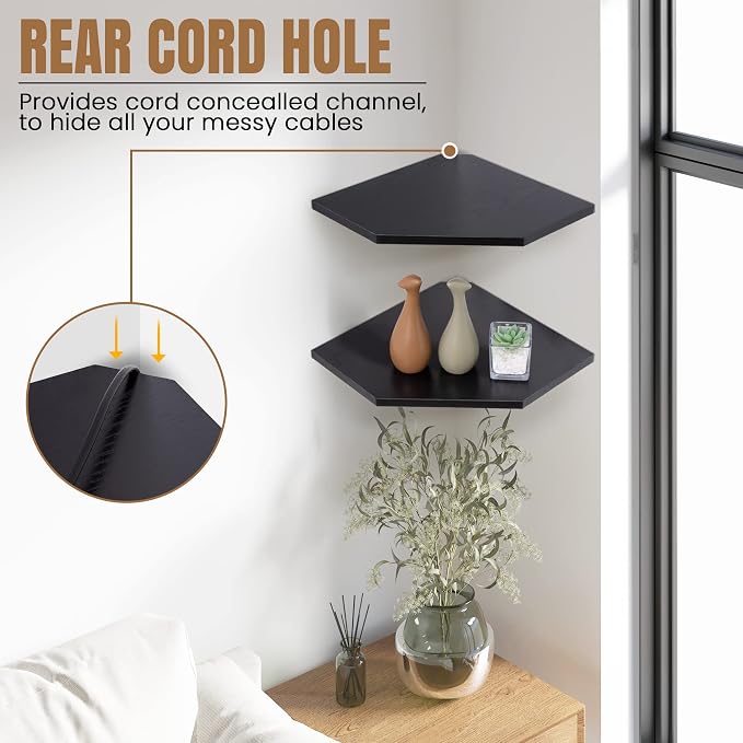 Fun Memories Corner Shelf Wall Mount, Floating Corner Shelves, Set of 4 Corner Wall Shelf Organizer, Rustic Wood Wall Storage Display Shelves for Living Room Bedroom Bathroom Kitchen, Classic Black