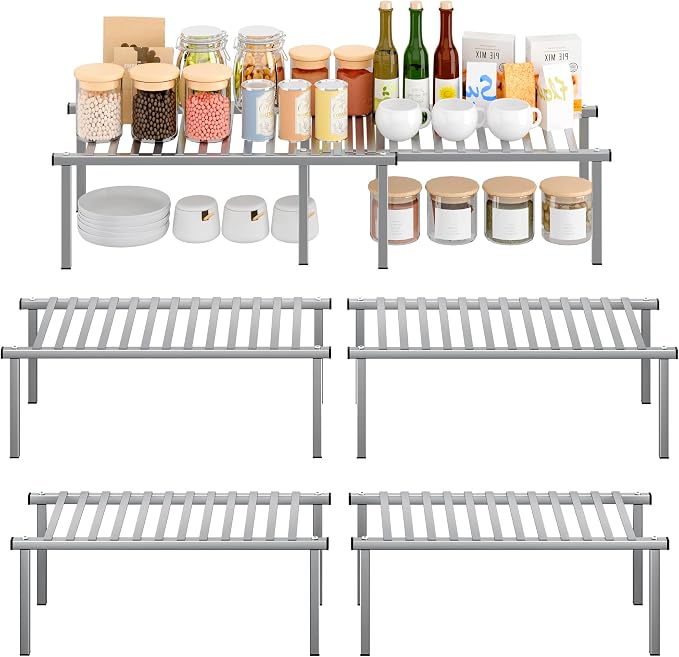 STORAGE MANIAC Expandable Cabinet Organizer Shelf, Set of 4, Gray | 15.8 inches Expandable, Stackable Wire Shelf, Spice Rack, Metal Pantry Storage for Plate Dish, Kitchen Counter Shelves