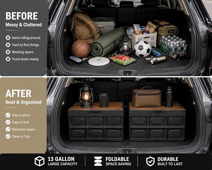 2 PSC Collapsible Storage Box with Lid, 13 Gallon Foldable Storage Bin with Wood Grain Top, Portable Organizer Tote with Handles for Car Trunk, Camping, RV, Grocery Shopping, Home Storage, Black