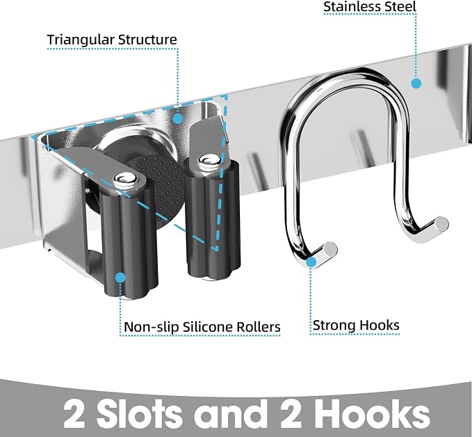 Broom Holder Wall Mount, 2-Pack Stainless Steel Mop and Broom Organizer, Broom Hanger with 2 Slots 2 Hooks for Home Kitchen, Garage, Garden and Laundry Room, Silver