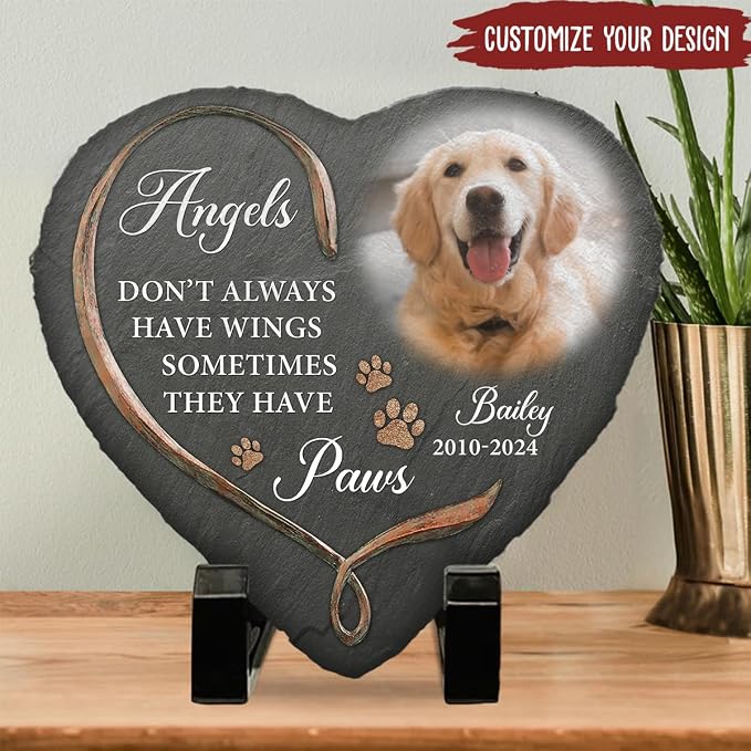 Wrappiness Pet Memorial Stone - Angels Sometimes Have Paws, Personalized Dog Memorial Gifts, Remembrance Condolences Bereavement Gifts for Loss of Pet Custom Photo (Heart 02, Stone with Stand)
