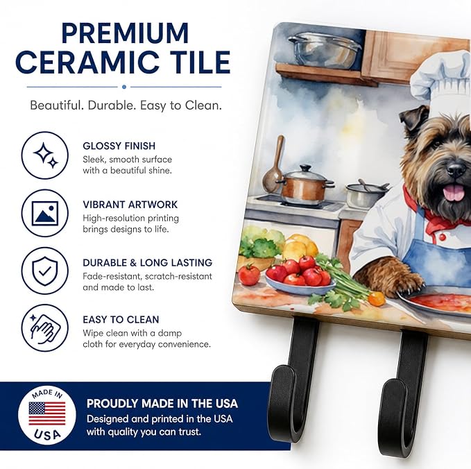 Caroline's Treasures Bouvier des Flandres The Chef Leash or Key Holder Wall Hooks, Key Hooks Holder, Coat Rack Wall Mount, Coat Hooks, Hooks for Hanging Keys, Towels, Aprons, Leashes | Bouvier des Flandres The Chef artwork on ceramic tile with three st...
