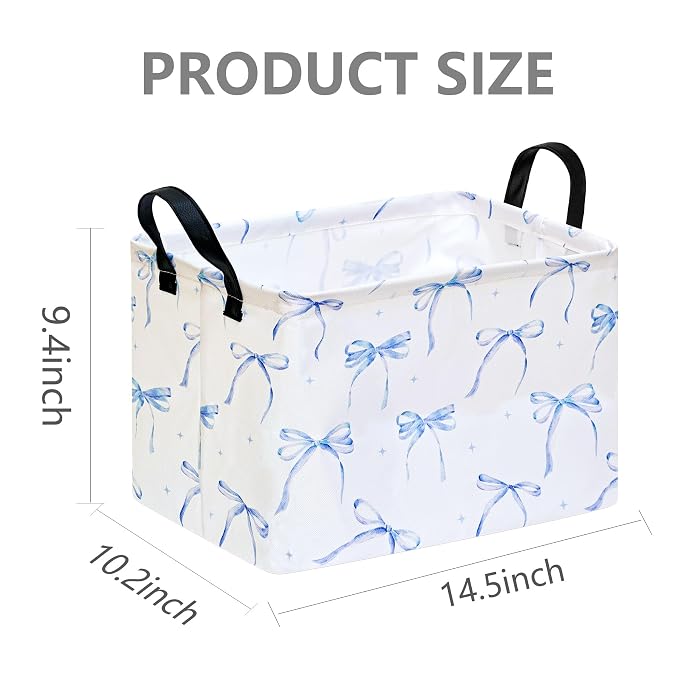 Girls Storage Basket with Blue Bow Print,14.5" x 10.2" x 9.4",Waterproof | Foldable Bin with Leather Handles;Ideal for Girls' Bedroom,Gift,Laundry&Toy Storage;Coquette Aesthetic Decor