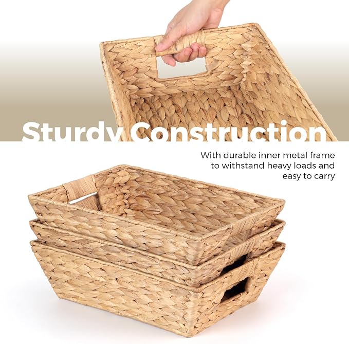 Set of 3 Snack Baskets, Water Hyacinth Basket,Wicker Snack Basket Organizer | Small Wicker Baskets with Handles, Woven Baskets for Storage (3 Medium Basket)
