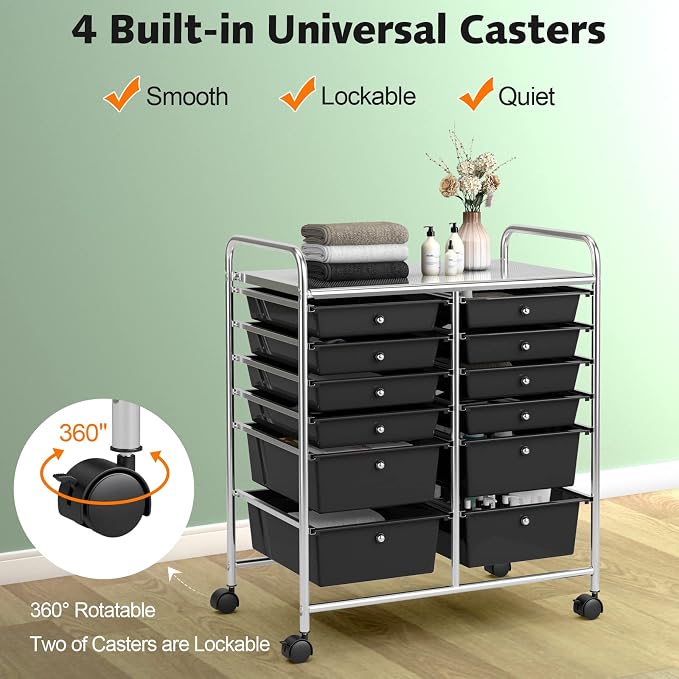 12 Drawer Rolling Storage Cart, Art Cart Organizer on Wheels, Mobile Utility Cart with Drawers, Multipurpose Craft Drawers for Home Office School Classroom (Black)