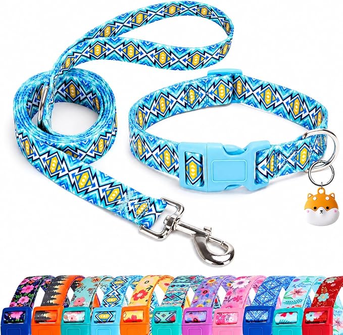 Matching Dog Collar and Leash Set with AirTag Holder-Blue Lattice/S | Anti-Lost,Adjustable Durable Pet Collar Leash Combo for Small Boy Girl Dogs,for Outdoor Walking Hiking Training Running