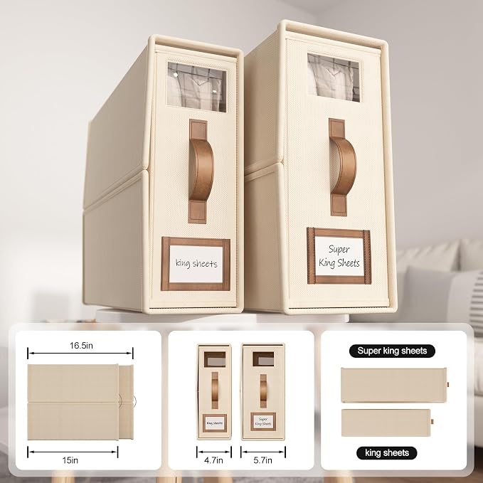 6 Pack Bed Sheets Organizers And Storage,Sheets Set Folder Keeper with Handle,Foldable Bedding Storage Box For Linen Closet,Duvet Cover(Cal King Size-5.2 Gal,Beige)