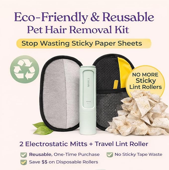 Jaxabby Products Reusable Pet Hair Remover Kit – 3-Piece Set with Fabric Pads & Self-Cleaning Lint Roller for Clothes, Furniture, Couch & Car, No Refills, Eco-Friendly (Pastel Blue)