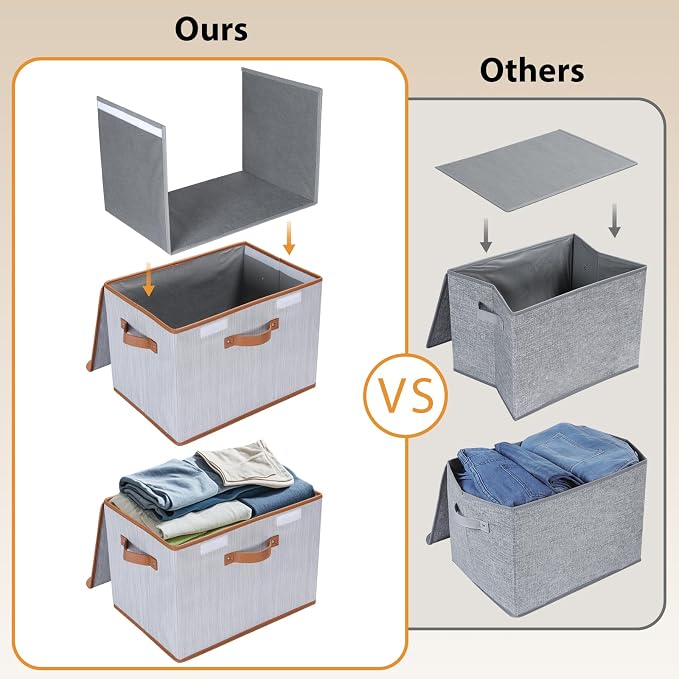 Univivi Fabric Storage Bins with Lids, Stackable Storage Box, Grey, 3 PCS | Heavy Duty, Large Capacity, Leather Handle, Linen Fabric, Sturdy PP Board, Storage Bins for Bedroom, Closet, Nursery, Office