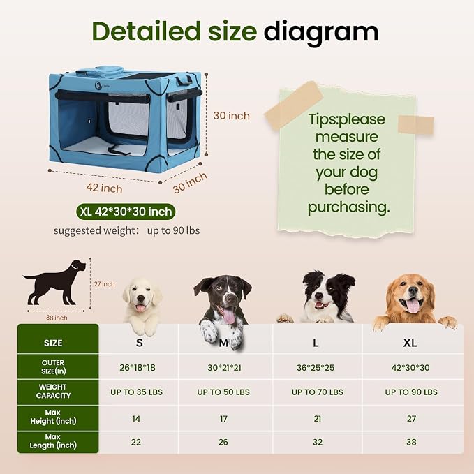 Portable Collapsible Soft Dog Crate for Extra Large Dogs, 42in Blue | Oxford Cloth Travel Camping dog kennel with 4 Mesh Windows & 2 Storage Pockets,for Indoor & Outdoor Use