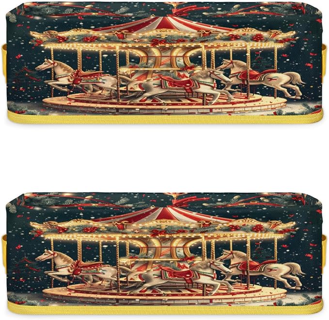 Amusement Park Carousel Bathroom Storage Basket Waterproof Foldable Storage Bins with Handles Decorative Toilet Paper Storage Basket for Organizing for House Bathroom Toiletries Set of 2