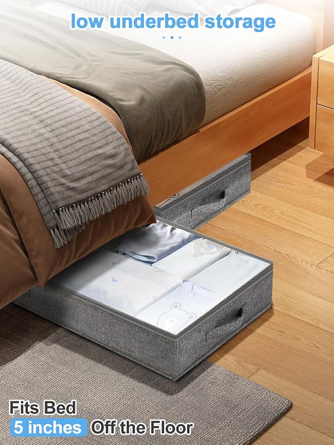 punemi 5 inch High Soft Fabric Low Profile Under Bed Storage, 4 Pack, Grey | Thin Clothes Storage Containers with 3 Handles & Clear Lid, Ideal for Bedding & Blankets, Fits Under Cribs, Sofas & Dorm Beds