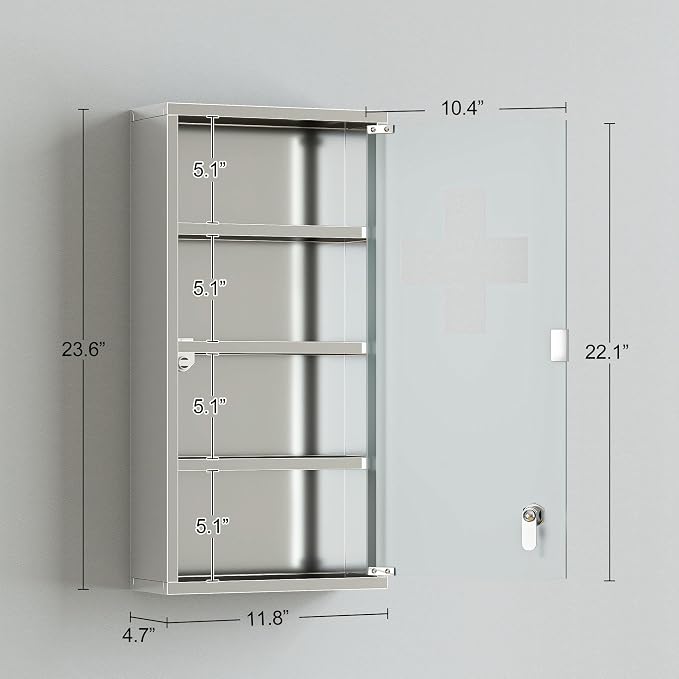 HOMCOM Wall Mounted Medicine Cabinet Lockable Wall Cabinet Silver 12" x 24" | 4 Tier Shelves, Stainless Steel Frame, Glass Door, 2 Keys