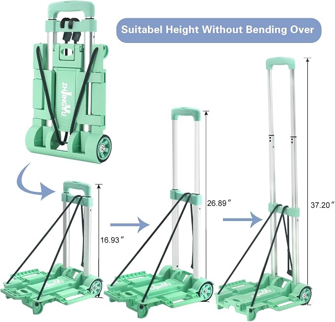 Folding Hand Truck Dolly Cart,Collapsible Shopping Trolley,Mini Lightweight Hand Dolly,Backpack Trolley,Luggage Cart,Aluminum Telescopic Rod,2 Wheel Trolley Expandable Large Chassis,Mint Green