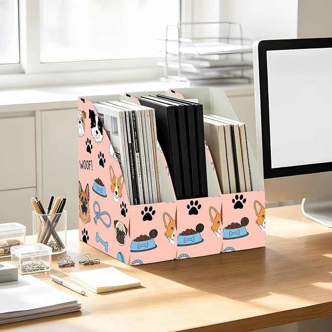 Emelivor Dogs Pets Pink Pattern Magazine Holder Set of 3 Desk File Organizer Foldable Vertical Folder Holder with Labels for Office Organization Book Bins for Classroom Documents Home