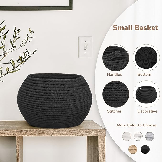 Goodpick Round Woven Rope Storage Basket for Shelves, 10" x 8.3", Black | Decotative Small Basket for Toy Storage, Baby Gift Basket with Handles, Fits Living Roon & Nursery Décor, Plant Baskets