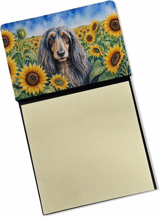 Caroline's Treasures Afghan Hound in Sunflowers Watercolor Sticky Note Holder Refillable Dispenser Desk Accessory 3x3 Pad Gift