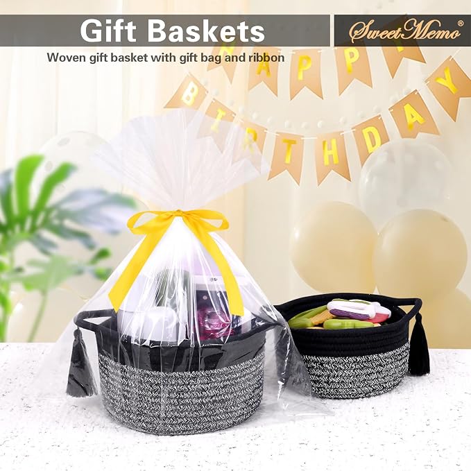 Small Gift Basket Empty to Fill, 2 Pack, Mini Woven Basket, Black Gray | Cute Decorative Mini Rope Storage Baskets with Cellophane Bags & Ribbons; Two Sizes for Gifting, Bathroom Counter or Desk