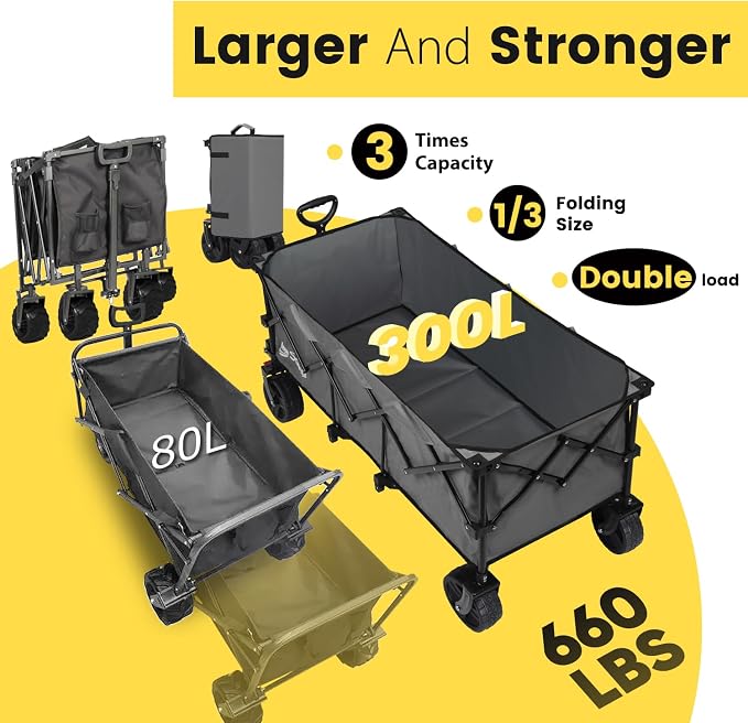 Sekey 48''L Collapsible Foldable Extended Wagon with 660lbs Weight Capacity, Heavy Duty 300L Folding Utility Garden Cart with Big All-Terrain Beach Wheels & Drink Holders. Grey
