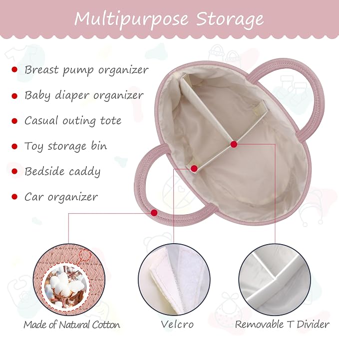 COMSE Baby Diaper Caddy Organizer for Girls, Cotton Rope, Dusty Pink