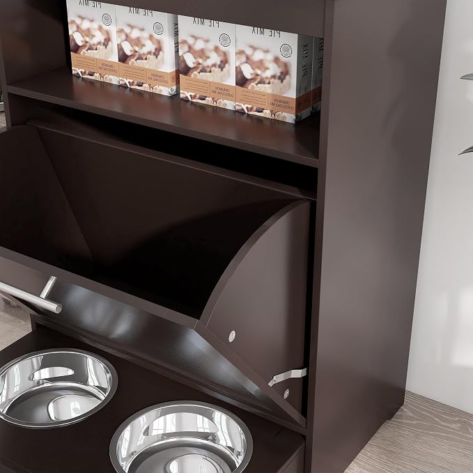 Pet Feeder Station with Pull-Out Drawer and Elevated Bowls, Hidden Pet Food Storage Cabinet with Side Hooks, Pet Supplies Organizer for Dogs Cats, Brown