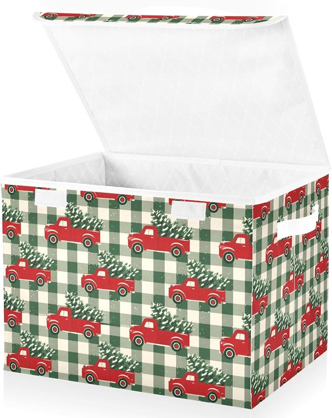 Christmas Red Truck Storage Bins with Lids Closet Bedroom 40L Fabric Bin | Decorative Storage Boxes, Foldable & Stackable, Dust-Proof Flip Top, Reinforced Handles, For Home & Dorm, Clothes & Toy Box