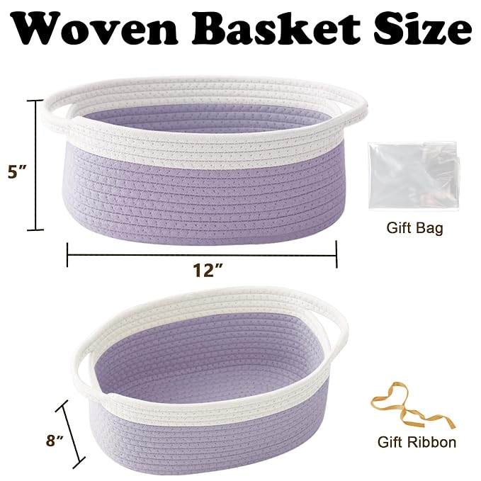 Woven Rope Basket-Baby Gift Basket with Bag & Ribbon, White&Purple | Cotton rope with handle, 12 x 8 x 5 in, gift bag and ribbon, for baby shower, birthday, toy storage, nursery, shelf decor