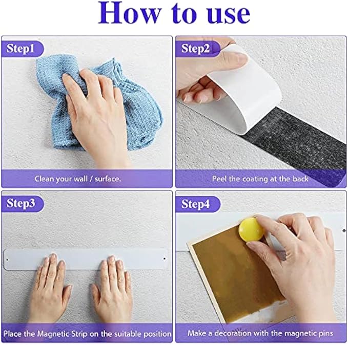 Outus 6 Pcs Magnetic Wall Strips 15" x 2", 48 Magnets, White | Metal display strips for notes, photos and memos; ideal for office, home, classroom and workspace.