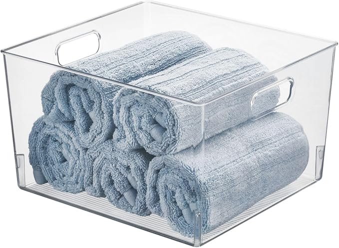mDesign Large Modern Stackable Plastic Storage Organizer Bin Basket with Handles for Bathroom Vanity Organization - Shelf, Cubby, Cabinet, or Closet Organizing Decor - Ligne Collection, 8 Pack - Clear