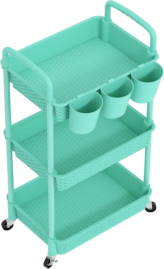 MOYIPIN 3-Tier Plastic Rolling Utility Cart with Handle,Turquoise | Utility Storage Cart for Office, Living Room, Kitchen,Movable Storage Organizer，Easy installation，Rattan-like art design