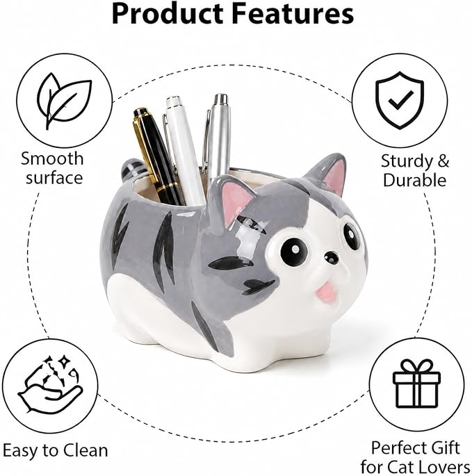 Ceramic Cat Shaped Pen Pencil Holder for Desk Decoration Accessories Cat Decor Makeup Brush Pen Cups Office School Ideal Gifts for Women, Mom or Birthdays