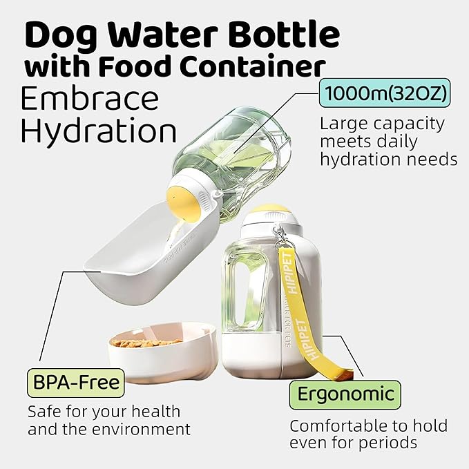 Dog Water Bottle with Food Container, 32oz Leak-Proof 3-in-1 Portable Dog Travel Water Bottle with 10oz Food Storage, Twist Dispensing Pet Water Dispenser for Walking Hiking Camping, White