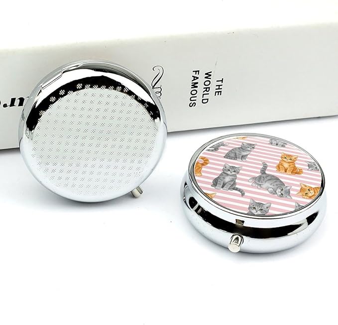 Pocket Pill Dispenser, Pink Stripes Cute Cat Round Metal Case, Travel Organizer for Medicine, Waterproof Pill Box Purse Use for Road Trips