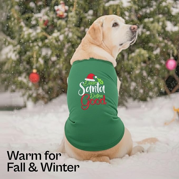 Parisian Pet Dog Tshirt - Embroidered “Dear Santa Define Good“ Dog Christmas Shirt - 100% Cotton Shirt - Sleeveless Clothes - Machine Washable Dogs Vest - Shirts for Small Dogs - XS