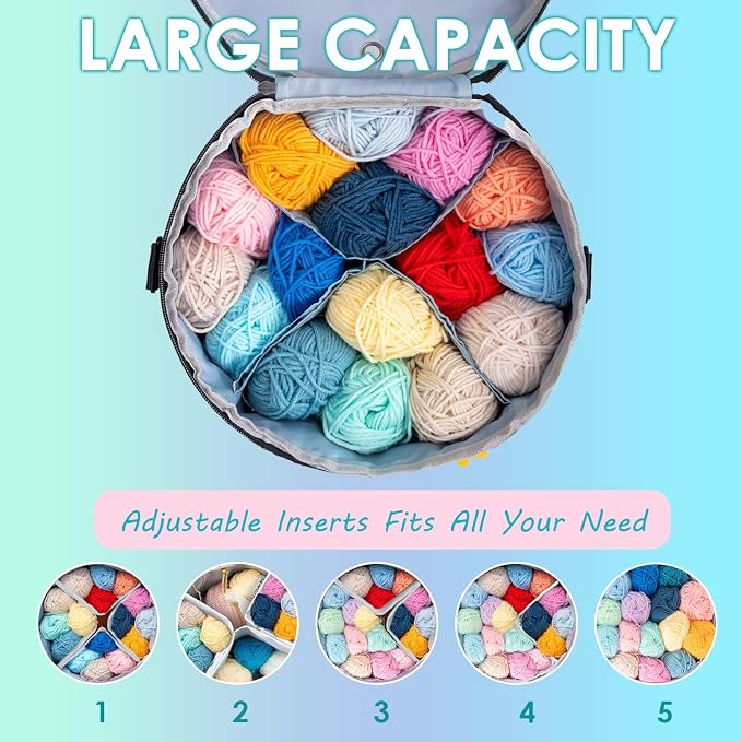 Expandable Crochet Bag, Yarn Storage Organizer & Knitting Tote Bag | Multiple Pockets, with Accessories Pouch shoulder strap, Sturdy Yarn Bags with Zipper Closure, Portable, Gift for Crafters