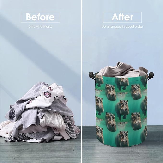 Collapsible Laundry Hamper with Handles Diving Hippo, Large Waterproof Clothes Basket for Bedroom, Bathroom, and Toy Storage Organization