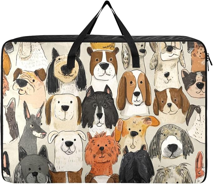 Comforter Storage Bags Large Folding Blanket Organizer Bag with Strong Handles Clear Window Closet Storage Containers for Clothes King Queen Pillows Bedding Quilt Duvet Beige Cute Pet Dogs