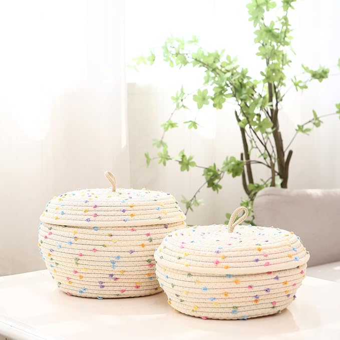 Sea Team Round Woven Cotton Rope Storage Basket with Lid, Rainbow | Decorative Colorful Pompom Knitted Storage Bin, Pot, Caddy, Organizer, Container for Snacks, Towels, Plants, 13 x 9 Inches