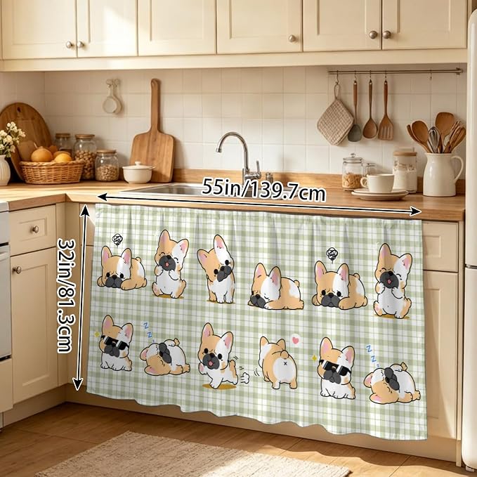 Cute Puppy Sink Skirt for Bathroom, Self-Adhesive Under Sink Curtain, Sage Green Plaid Modern Funny Dogs Pet Hide Pipes & Storage Fabric Cabinet Skirt Cover for Kitchen Laundry 32"x55"