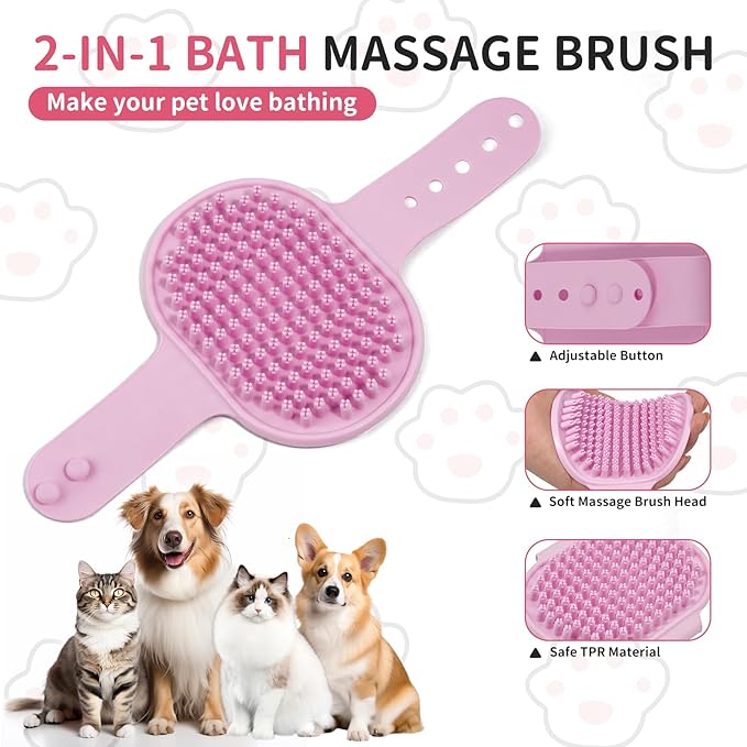 6PCS Pet Bath Grooming Kit for Dogs and Cats, Dog Washing Set with Hair Brush, Shampoo Scrubber, Bath Gloves, Quick Dry Towel & Large Storage Bag, Pink Pet Shower Grooming Supplies