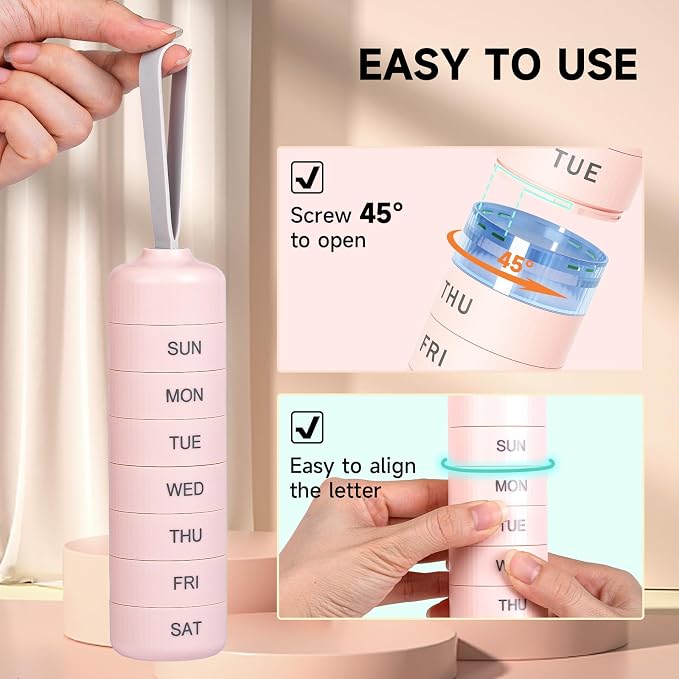 Betife Travel Pill Organizer, 7 Day Stackable Weekly Pill Case - Pink | Daily Pill Container with 7 Large Stackable Compartments, Sturdy ABS Snap-lock, No Metal-on-Metal Friction, Portable Pill Box